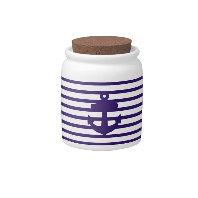 Navy Blue Anchor and Sailor Stripes Candy Jar (Front)