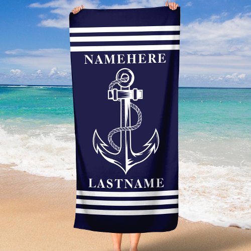 Navy Blue Anchor and Stripes Custom Name or Text  Beach Towel