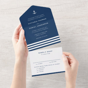 Navy Blue Anchor and Stripes Nautical Wedding All In One Invitation