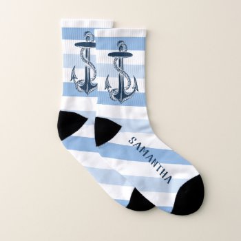 Navy Blue Anchor And Stripes With Your Name Small Socks by TheHopefulRomantic at Zazzle