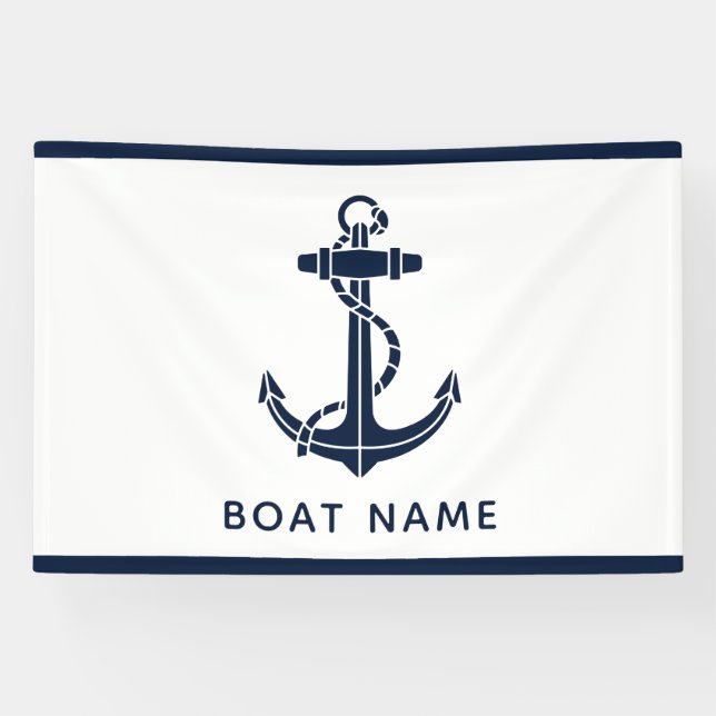 Navy Blue Anchor Boat Name Nautical Custom Banner (Horizontal)