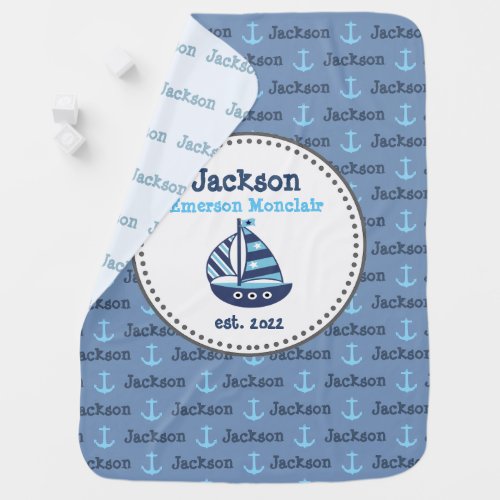 Navy Blue Anchor Boat Nautical Baby Boy Name Baby Blanket