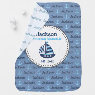 Navy Blue Anchor Boat Nautical Baby Boy Name Blanket