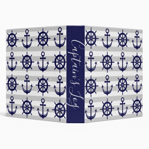 Navy Blue Anchor Boat Wheel Gray Stripe Nautical  3 Ring Binder