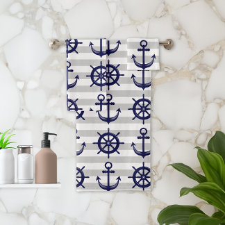 Navy Blue Anchor Boat Wheel Gray Stripe Nautical Bath Towel Set