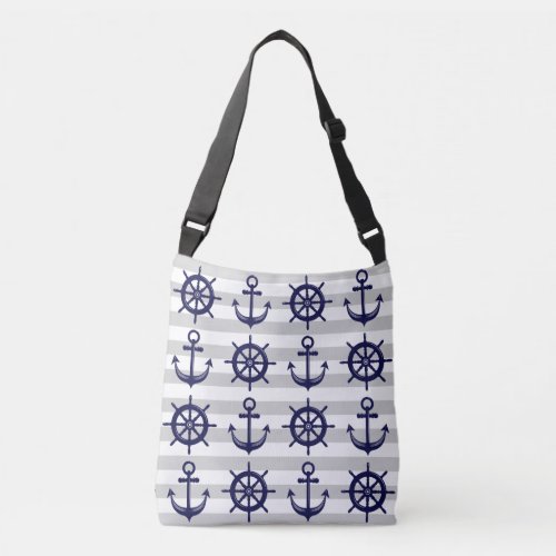 Navy Blue Anchor Boat Wheel Gray Stripe Nautical Crossbody Bag