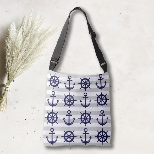 Navy Blue Anchor Boat Wheel Gray Stripe Nautical Crossbody Bag (Creator Uploaded)