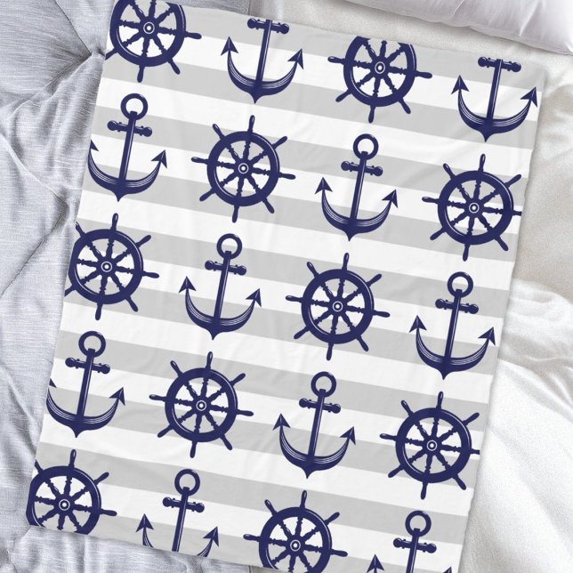 Navy Blue Anchor Boat Wheel Gray Stripe Nautical Fleece Blanket (Creator Uploaded)