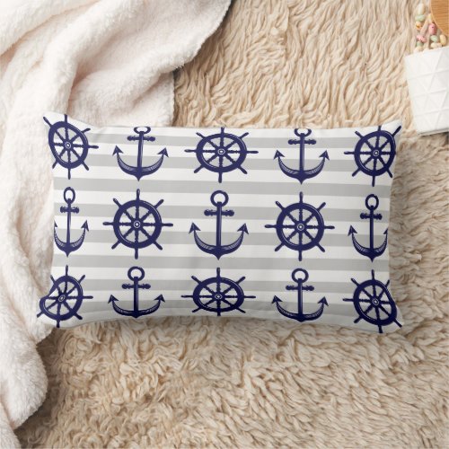 Navy Blue Anchor Boat Wheel Gray Stripe Nautical Lumbar Pillow