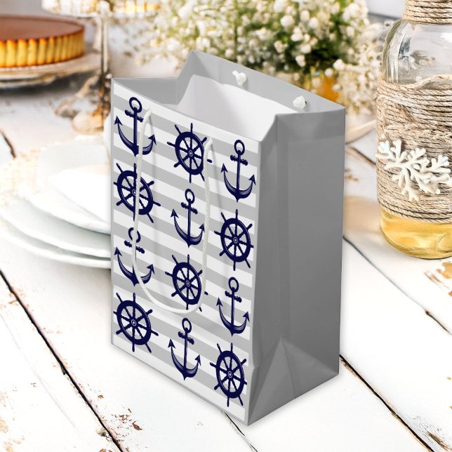 Navy Blue Anchor Boat Wheel Gray Stripe Nautical Medium Gift Bag (Creator Uploaded)
