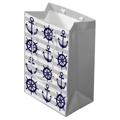 Navy Blue Anchor Boat Wheel Gray Stripe Nautical Medium Gift Bag