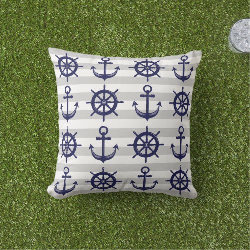 Navy Blue Anchor Boat Wheel Gray Stripe Nautical Outdoor Pillow