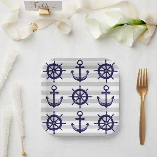 Navy Blue Anchor Boat Wheel Gray Stripe Nautical Paper Plates