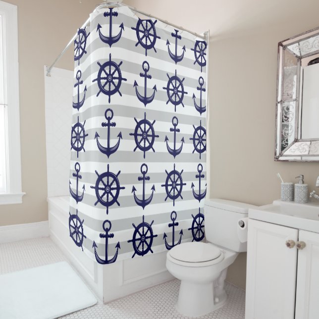 Navy Blue Anchor Boat Wheel Gray Stripe Nautical Shower Curtain (In Situ)