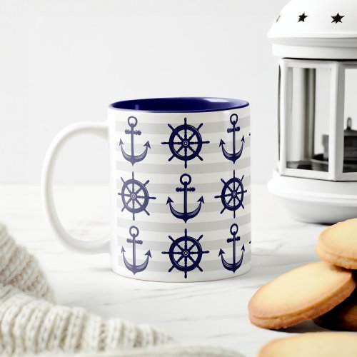 Navy Blue Anchor Boat Wheel Gray Stripe Nautical Two_Tone Coffee Mug