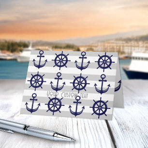 Navy Blue Anchor Boat Wheel Gray Striped Nautical Card