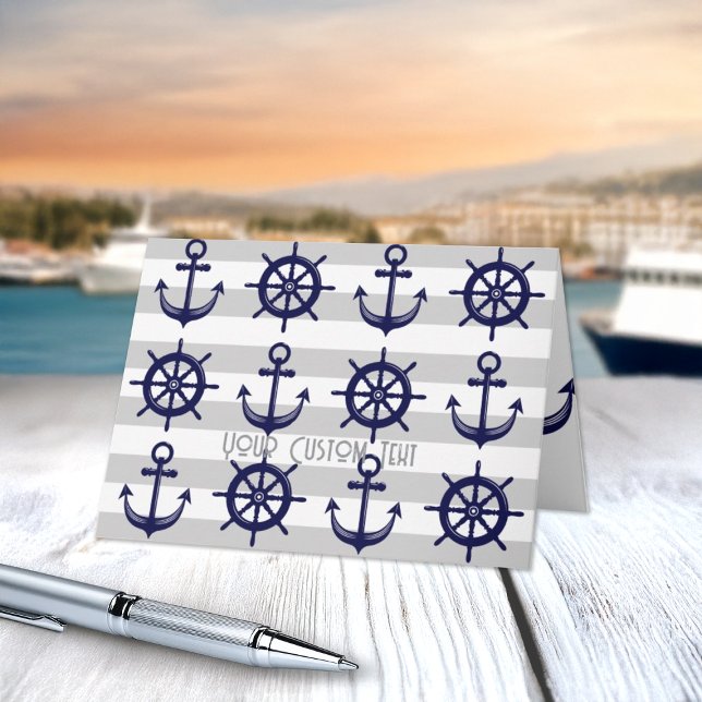 Navy Blue Anchor Boat Wheel Gray Striped Nautical Card (Creator Uploaded)