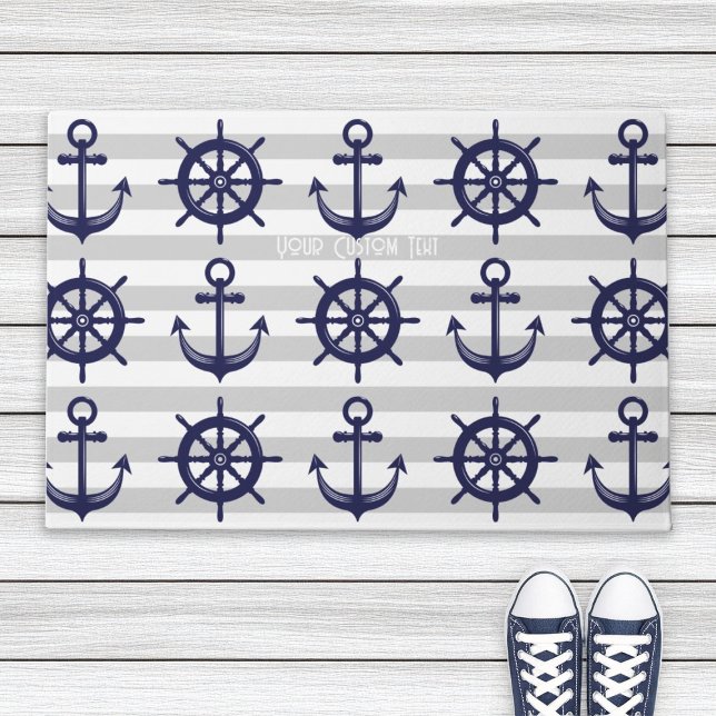 Navy Blue Anchor Boat Wheel Gray Striped Nautical Doormat (Creator Uploaded)