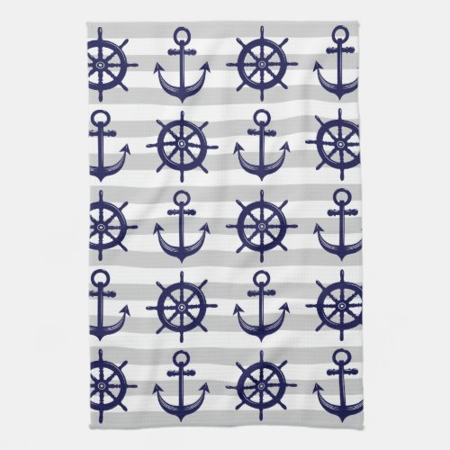 Navy Blue Anchor Boat Wheel Gray Striped Nautical Kitchen Towel