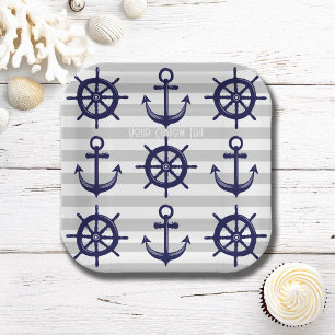 Navy Blue Anchor Boat Wheel Gray Striped Nautical Paper Plates