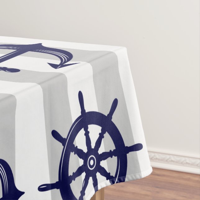 Navy Blue Anchor Boat Wheel Gray Striped Nautical Tablecloth (In Situ)