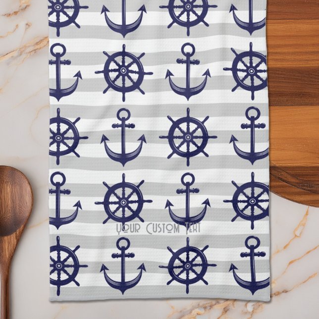 Navy Blue Anchor Boat Wheel Striped Nautical Kitchen Towel (Creator Uploaded)