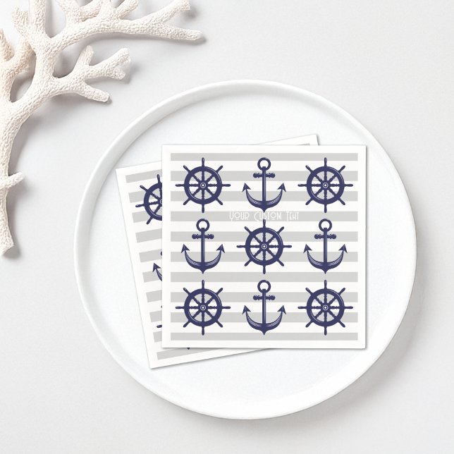 Navy Blue Anchor Boat Wheel Striped Nautical Paper Napkins (Creator Uploaded)