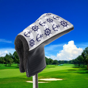 Navy Blue Anchor Boat Wheel White Striped Nautical Golf Head Cover