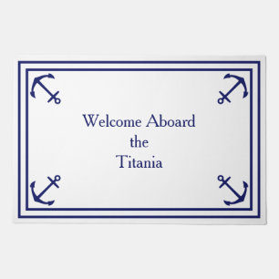 Navy Blue Anchor Border on White Custom Welcome Doormat
