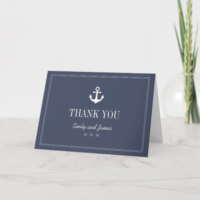 Navy Blue Anchor By The Sea Wedding Thank You Card (Front)