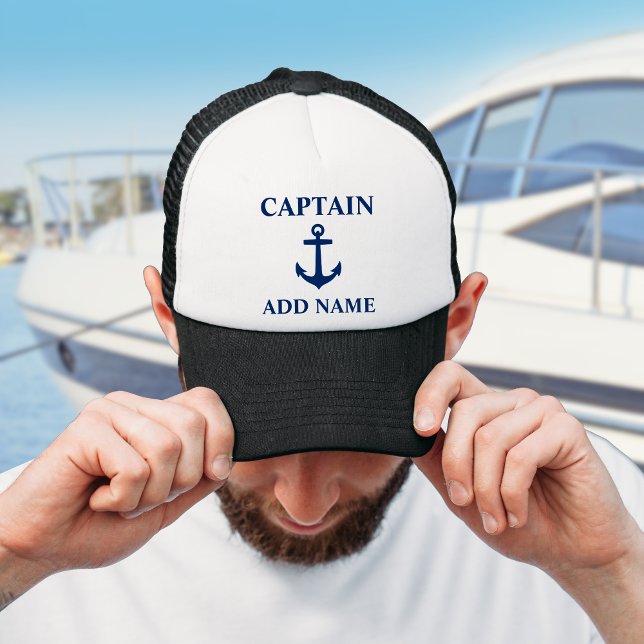 Navy Blue Anchor Captain Add Name or Boat Name Trucker Hat (Several colors to choose from.)