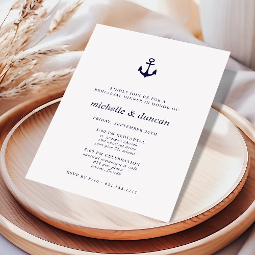 Navy Blue Anchor Classic Nautical reharsal dinner Invitation