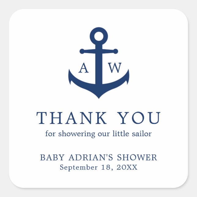 Navy Blue Anchor Cute Boy Nautical Baby Shower Square Sticker (Front)