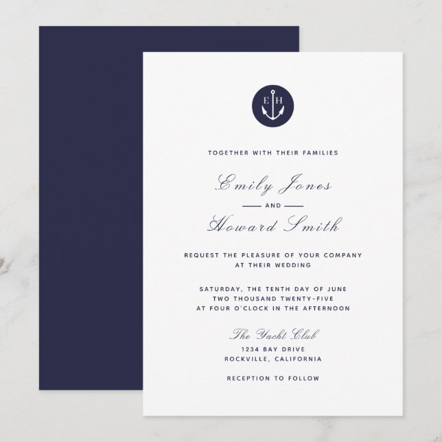 Navy Blue Anchor - Families Wedding Invitations (Front/Back)