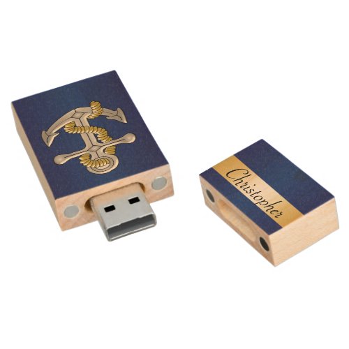 Navy Blue Anchor Just Add Name Wood Flash Drive