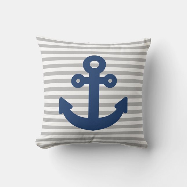 Navy Blue Anchor Light Grey Stripes Outdoor Pillow (Front)