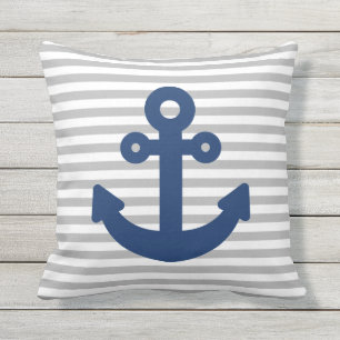 Navy Blue Anchor Light Grey Stripes Outdoor Pillow