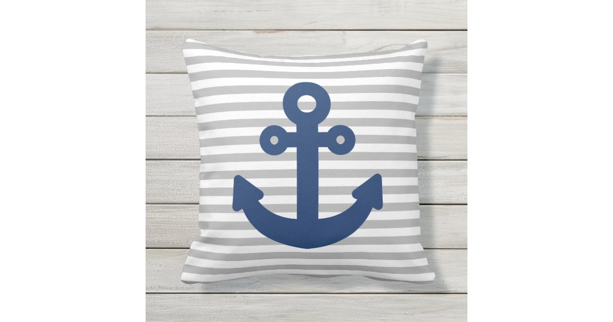 Navy Blue Anchor Light Grey Stripes Outdoor Pillow Zazzle Com