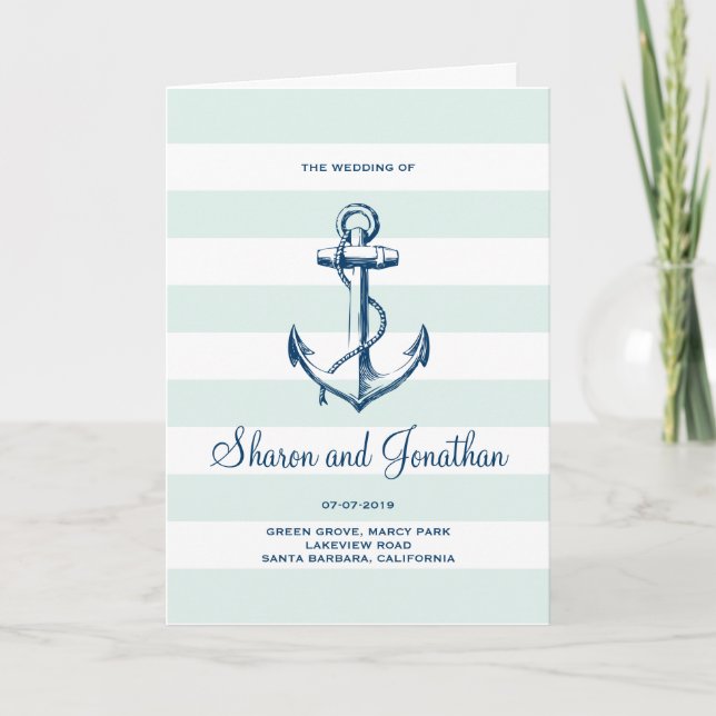 Navy Blue Anchor & Mint Stripes Nautical Wedding Program (Front)