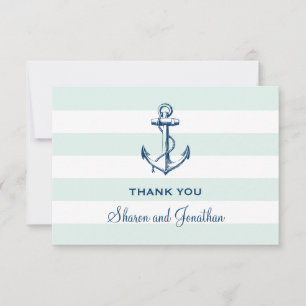 Navy Blue Anchor & Mint Stripes Nautical Wedding Thank You Card