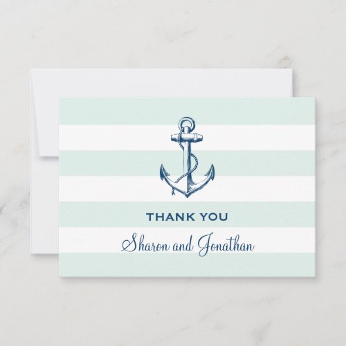 Navy Blue Anchor  Mint Stripes Nautical Wedding Thank You Card