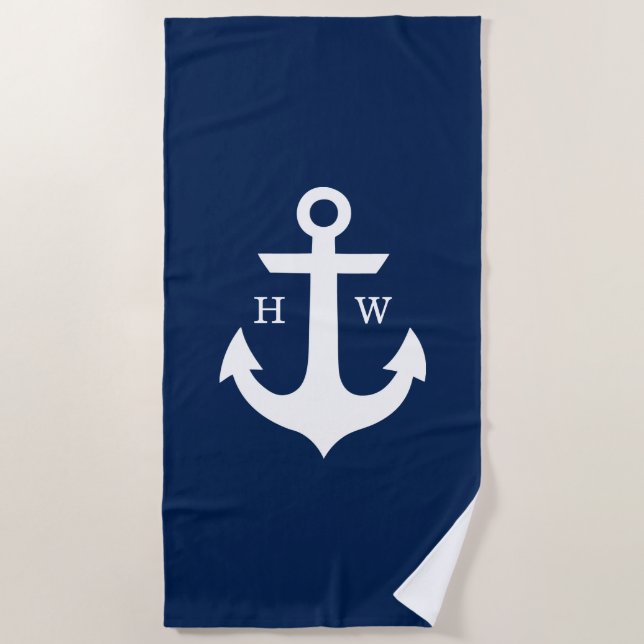 Navy Blue Anchor Monogram Beach Towel (Front)