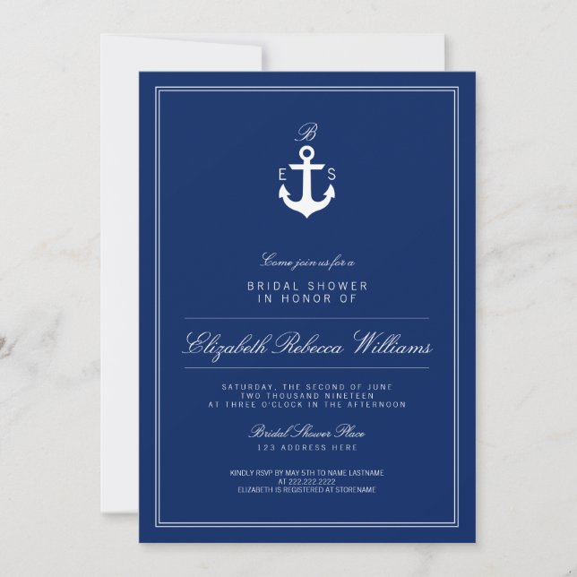 Navy Blue Anchor Monogram Bridal Shower Invite (Front)