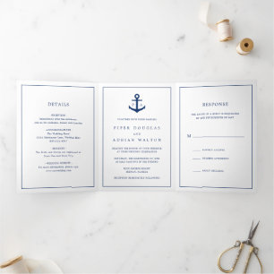 Navy Blue Anchor Monogram Nautical Elegant Wedding Tri-Fold Invitation