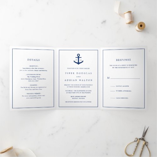 Navy Blue Anchor Monogram Nautical Elegant Wedding Tri_Fold Invitation