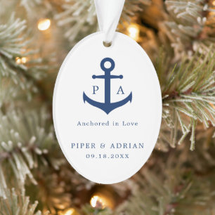 Navy Blue Anchor Monogram Nautical Newlywed Ornament