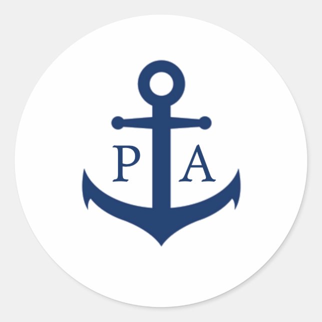 Navy Blue Anchor Monogram Nautical Wedding Classic Round Sticker (Front)