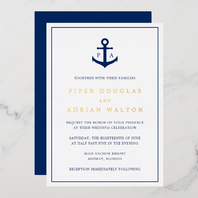 Navy Blue Anchor Monogram Nautical Wedding Gold Foil Invitation (Front/Back)