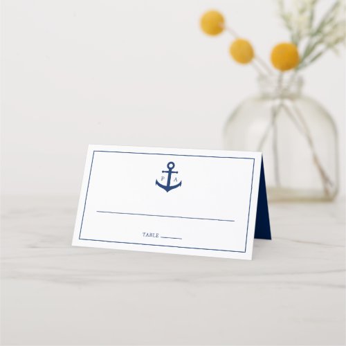 Navy Blue Anchor Monogram Nautical Wedding Place Card