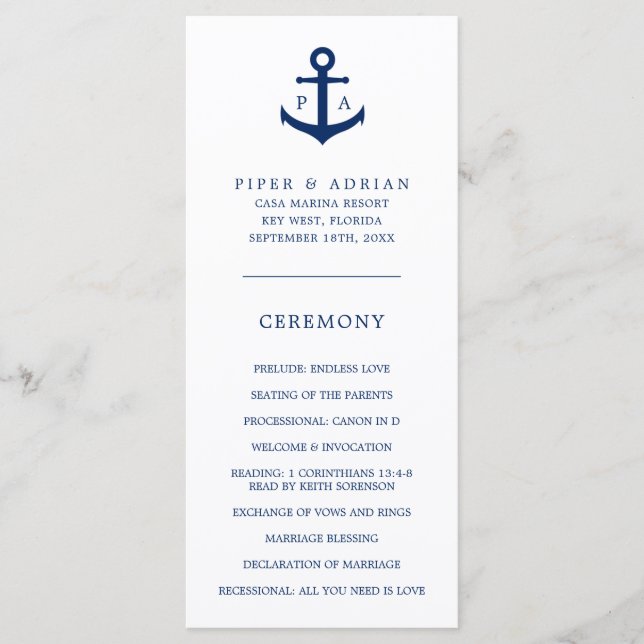 Navy Blue Anchor Monogram Nautical Wedding Program (Front)